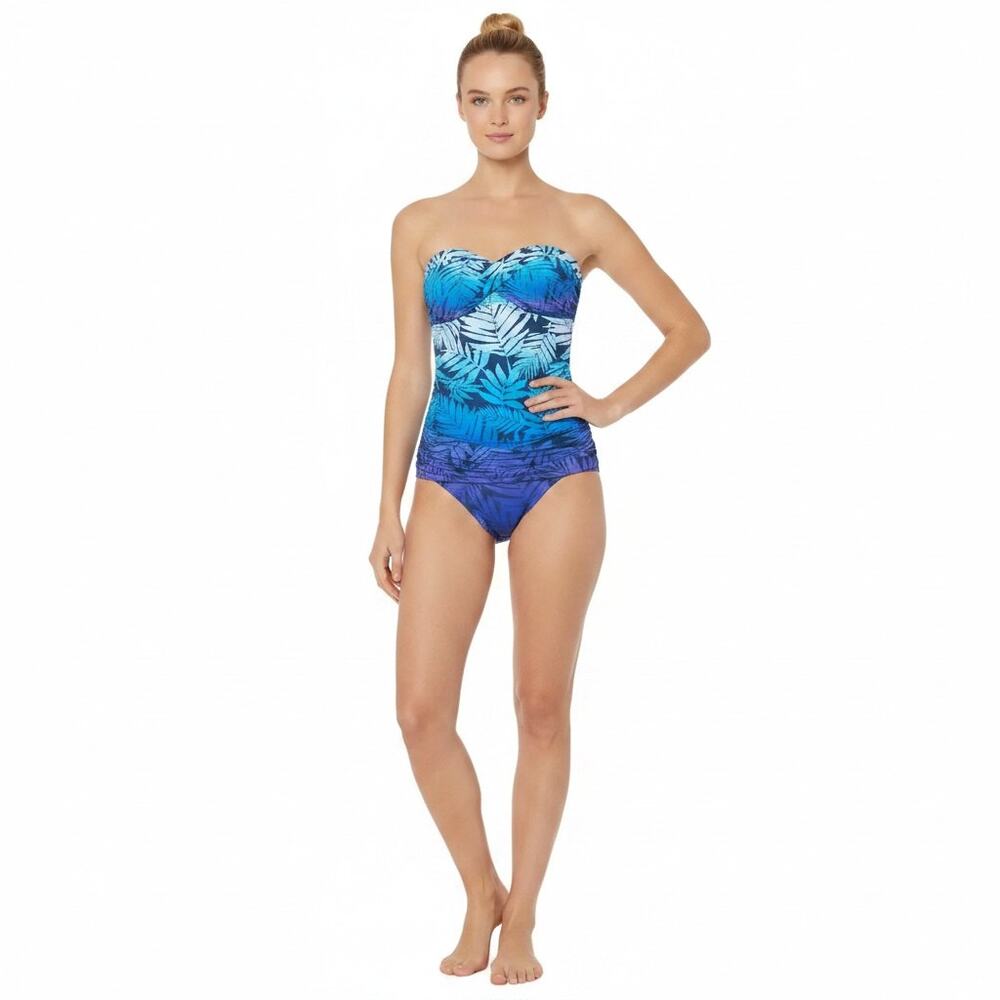 Bleu by Rod Beattie Palm-Print Twist-Front Bandeau Swimsuit, US4